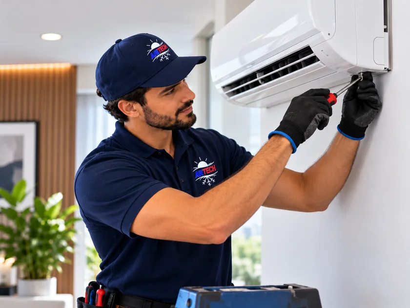 Imagem ilustrativa de técnico instalando uma unidade de ar-condicionado